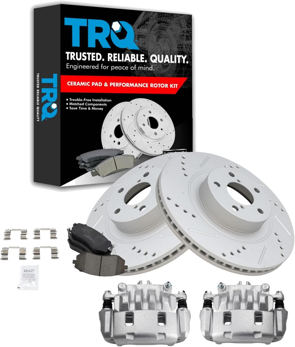 TRQ Performance Front Brake Pad and Rotor Set Ceramic Vented Coated Rotors Calipers Compatible with 2007 Subaru Outback