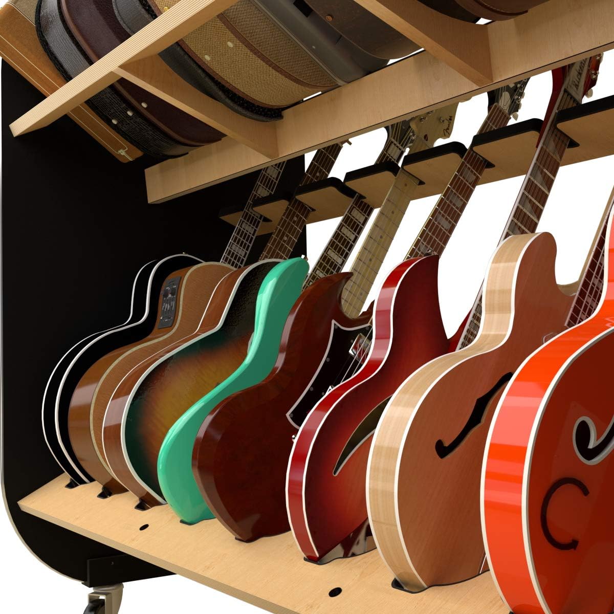 A&S Crafted Products Double-Stack Combo Guitar & Case Rack - The Session-Pro | Mobile 2-Tier Stand | Made in U.S.A.