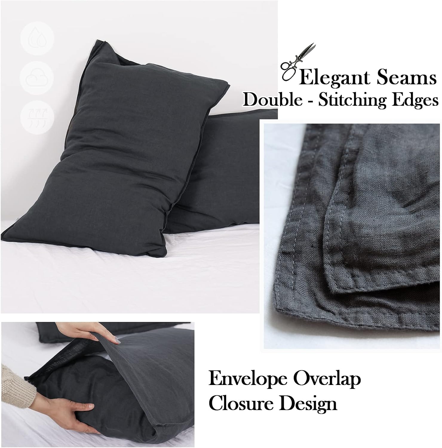 Simple&Opulence 100% Linen Sheet Set 4pcs Basic Style, Deep Pocket, Natural French Washed Flax Solid Color Soft Breathable Bed Sheets - Dark Grey, Queen