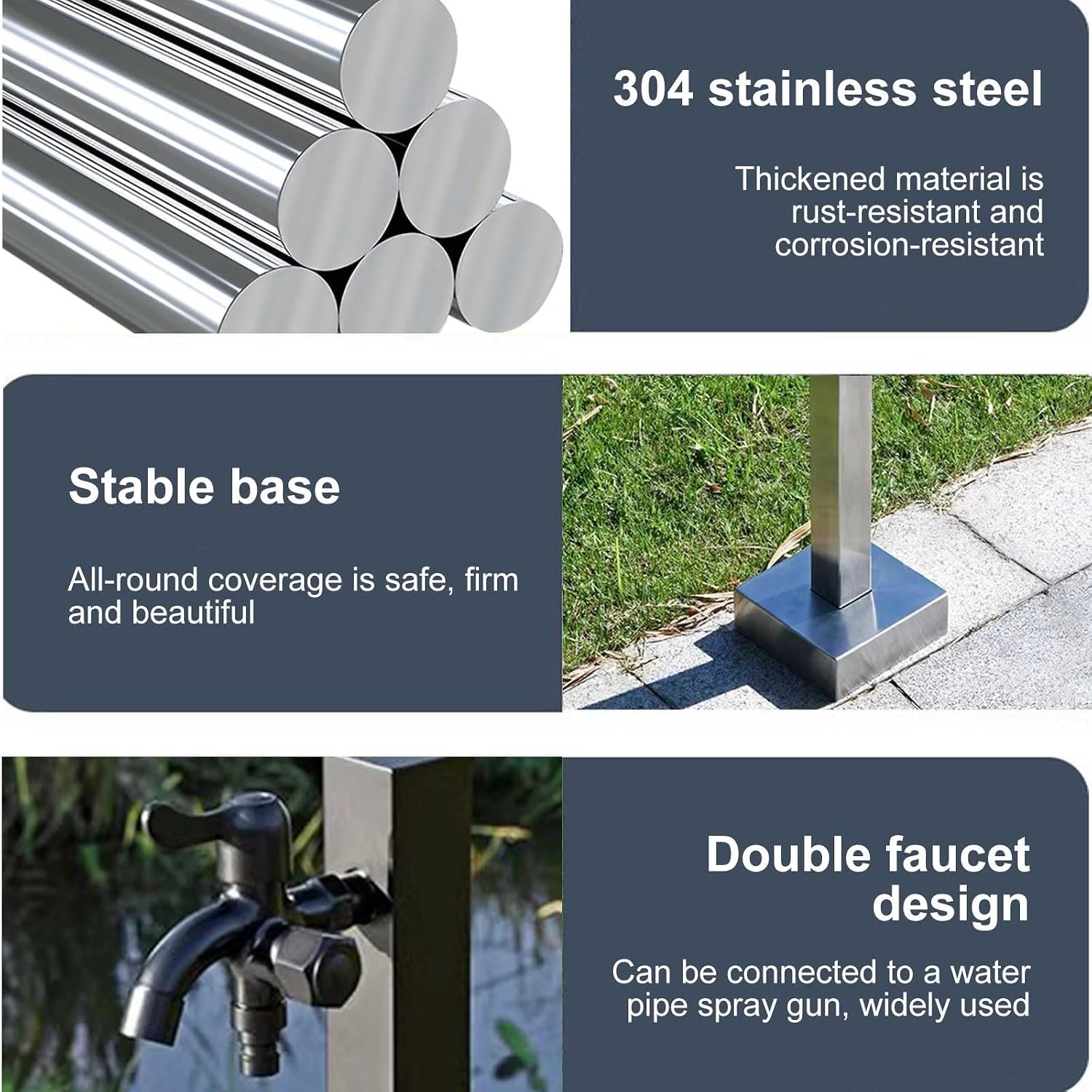 Outdoor Vertical Square Garden Water Column 304 Stainless Steel with Double Faucet, Antifreeze Water Dispenser Hydrant,Black-72cm/28in