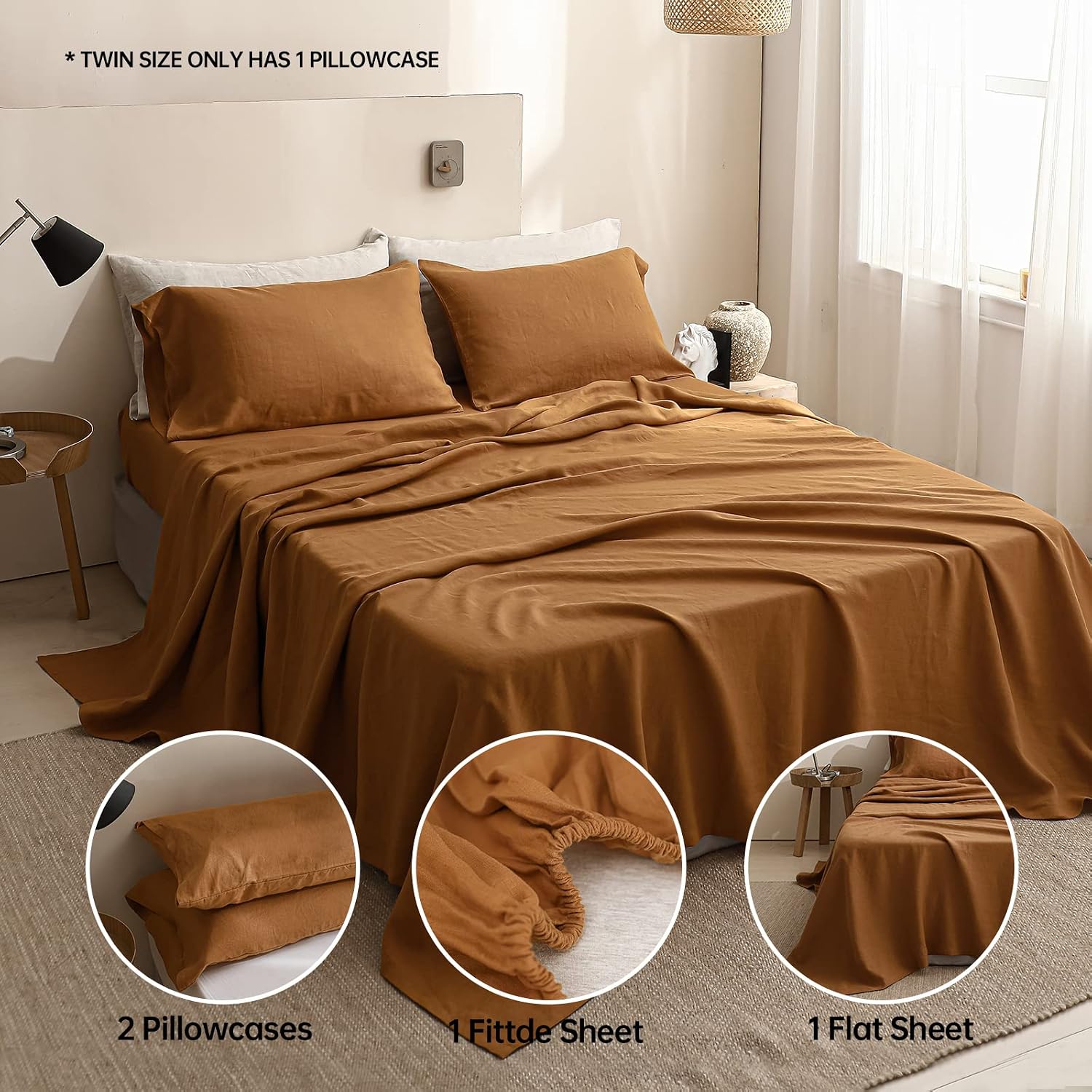 Simple&Opulence 100% Washed Linen Sheet Set Basic Style 3 Pieces (1 Flat Sheet & 1 Fitted Sheet & 1 Pillowcase) Natural French Flax Soft Breathable Farmhouse Bedding (Twin, Rust)