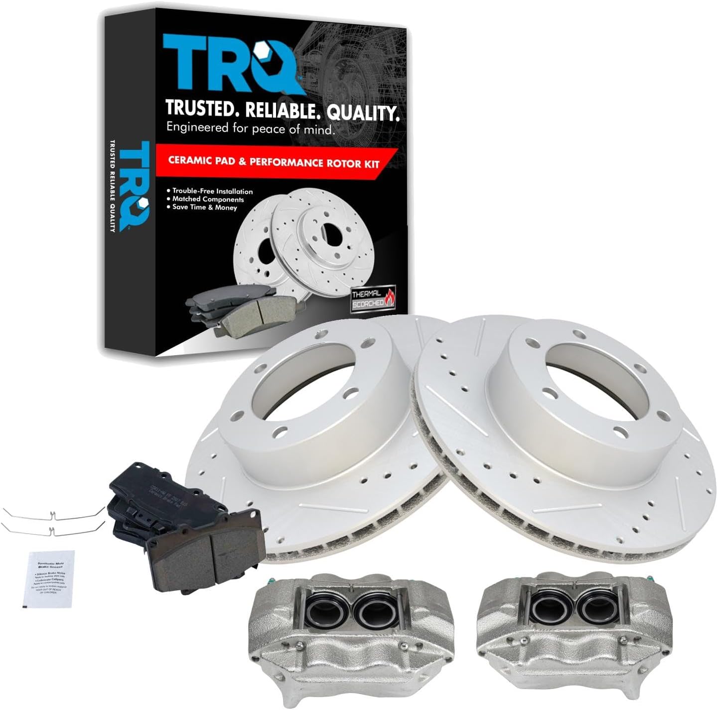 TRQ Performance Front Brake Pad and Rotor Set Ceramic Vented Slotted Drilled Coated Rotors Calipers Compatible with 1996-2000 Toyota 4Runner