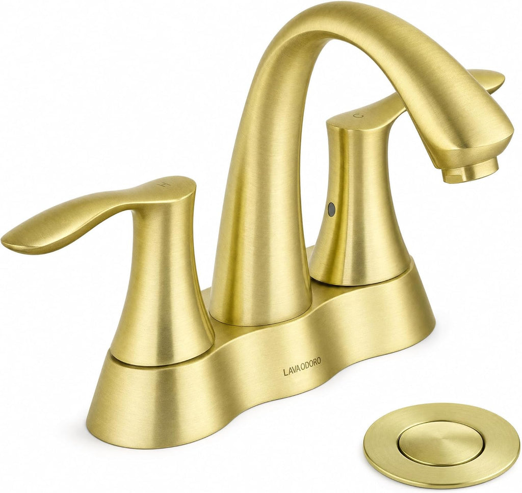 Lava Odoro Brushed Gold Bathroom Faucet 3 Hole, 2 Handle Bathroom Sink Faucet, 4 Inch Centerset Bathroom Faucet with Drain Assembly, BF423-SG