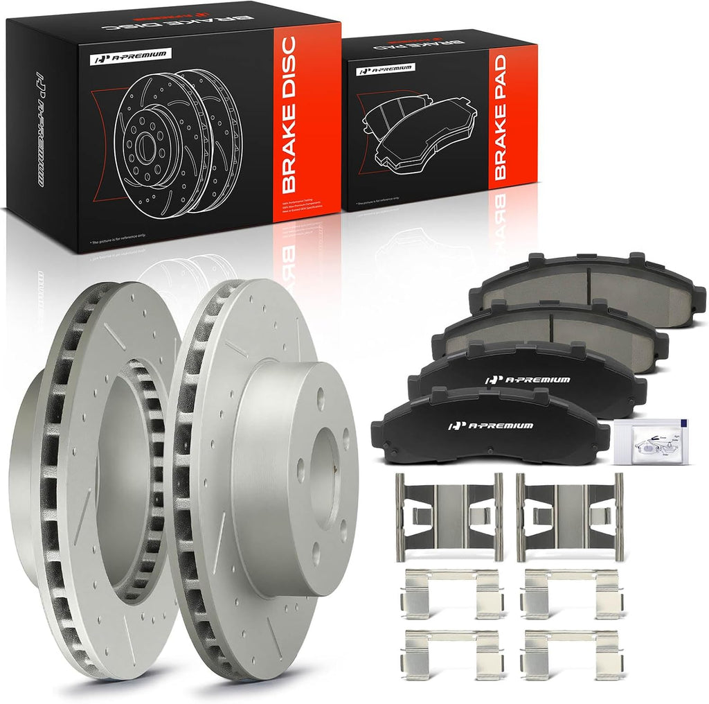 A-Premium 11.26 inch (286mm) Front Drilled and Slotted Disc Brake Rotors + Ceramic Pads Kit Compatible with Select Ford, Mazda and Mercury Models - Ranger/B3000 98-02, Explorer 1995-2001, Mountaineer