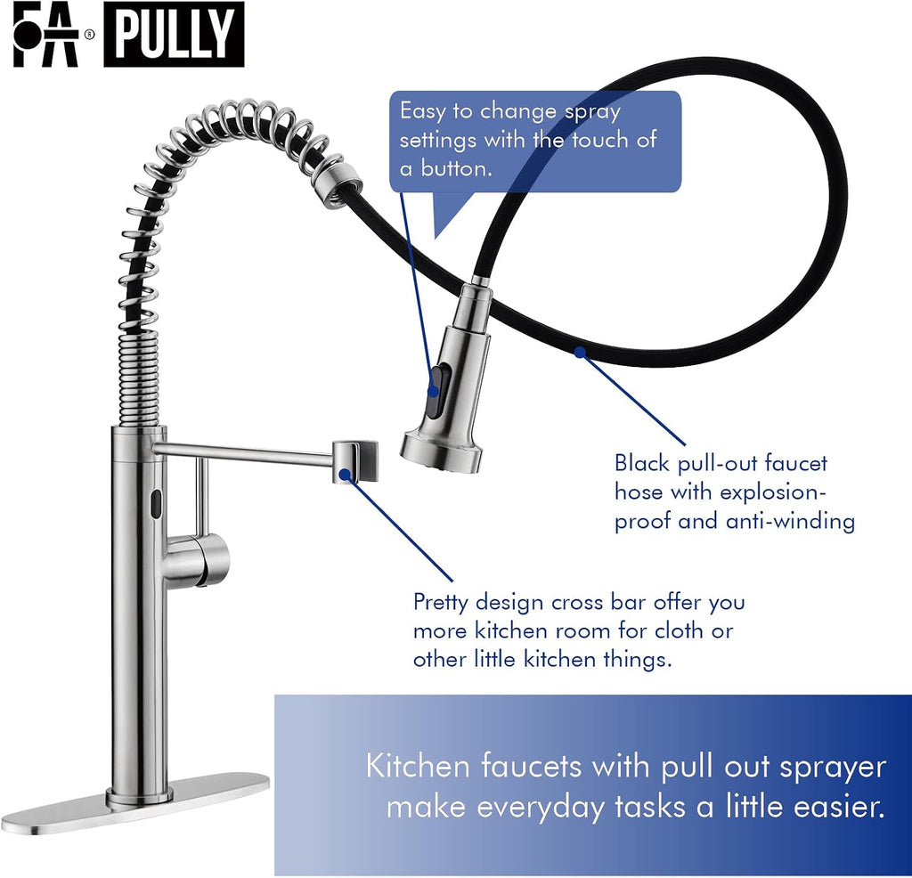 Fapully Touchless Kitchen Faucet with Pull Down Sprayer,Sensor Commercial Pull-Down Single Handle Kitchen Sink Faucet Brushed Nickel