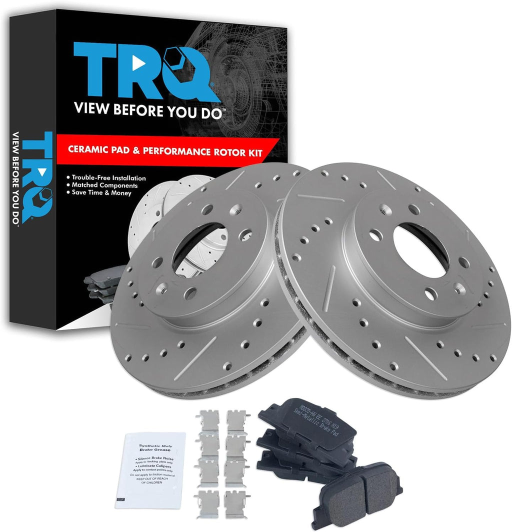 TRQ Performance Front Brake Pad and Rotor Set Ceramic Coated Drilled Slotted Rotors Compatible with 2006-2011 Hyundai Accent Kia Rio