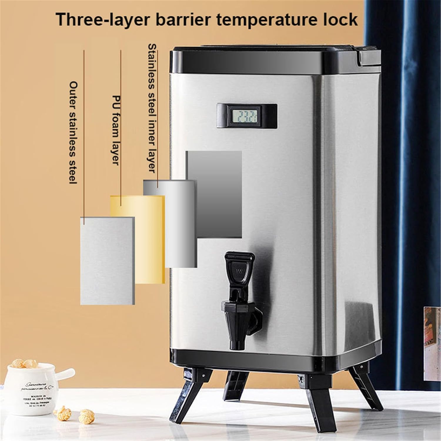 Stainless Steel Insulated Barrel,Double-Layer Insulation Barrel Container,with Faucet and Digital Display Temperature Screen, for Hot Water Milk Tea Coffee,White,8L (Black-8L
