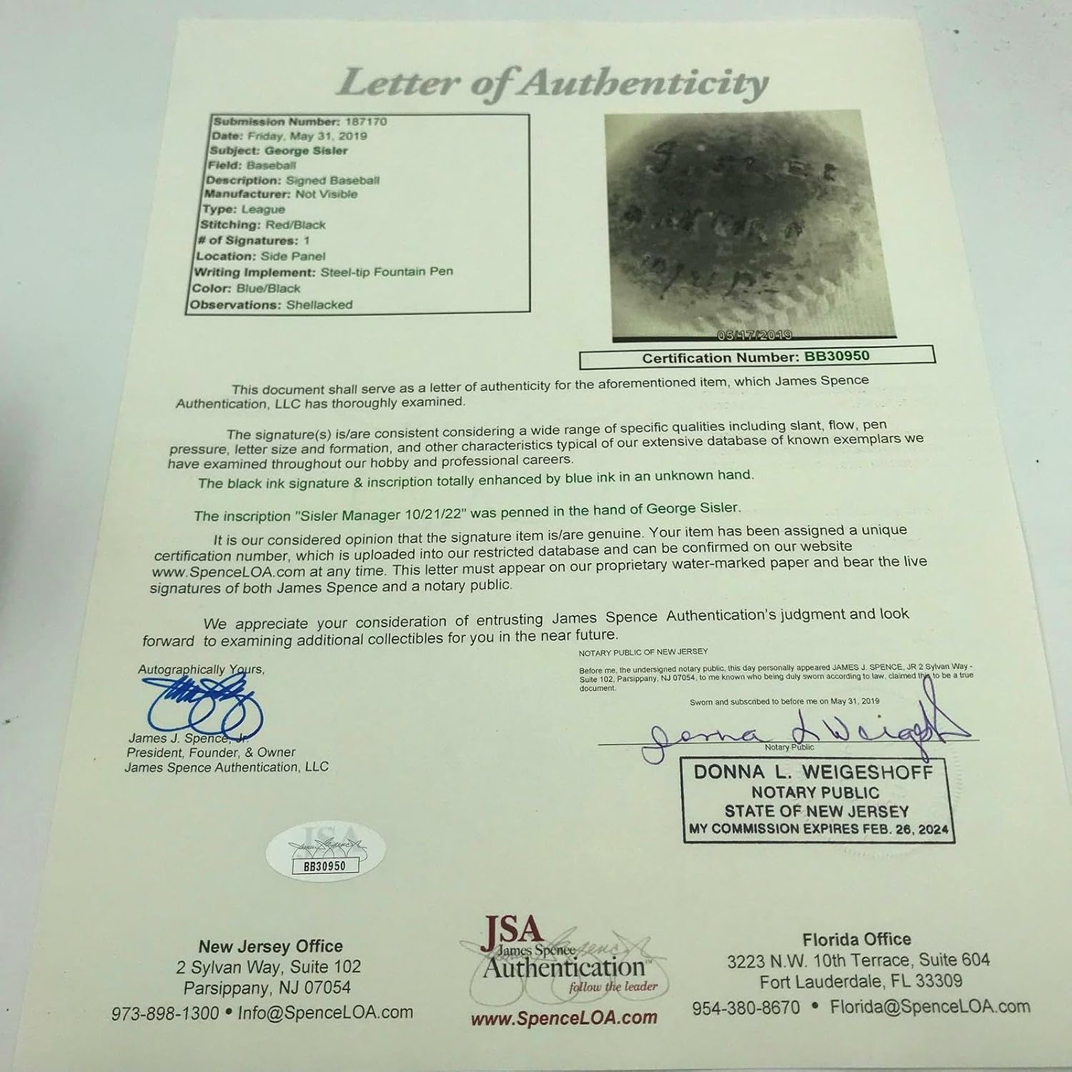 George Sisler 1922 Single Signed Game Used American League Baseball With JSA COA - MLB Game Used Baseballs