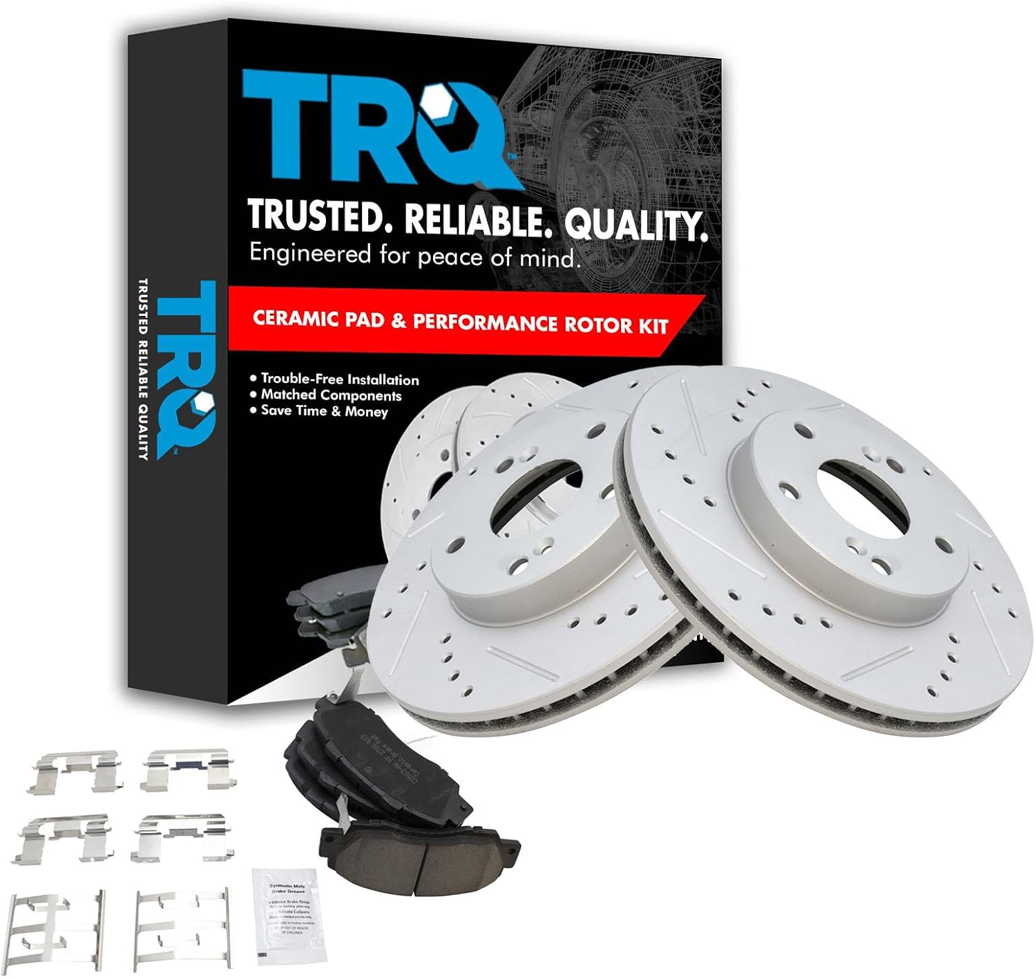 TRQ Performance Front Brake Pad and Rotor Set Ceramic Coated Drilled Slotted Vented Rotors Compatible with 1998-2002 Honda Accord