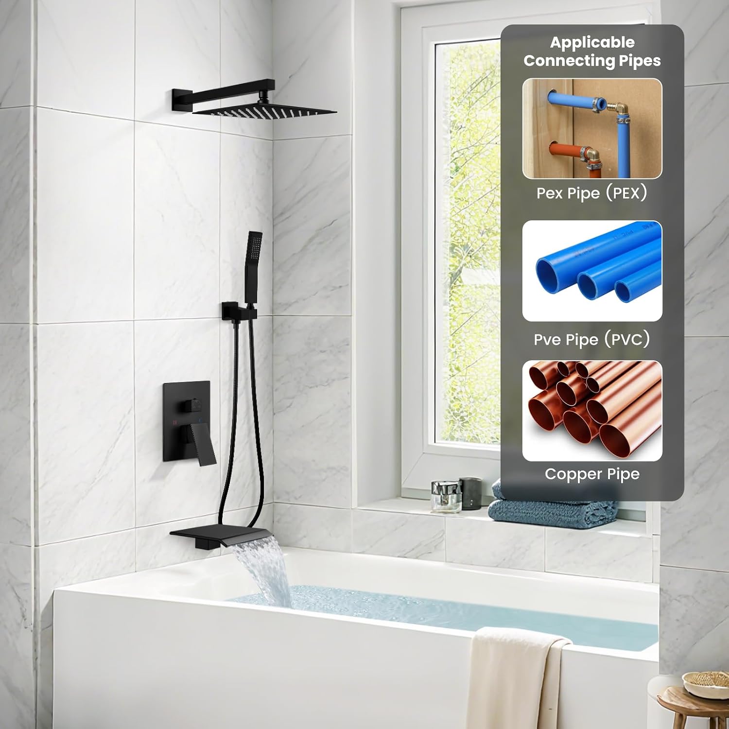 gotonovo 10'' Rain Shower Faucet System Rainfall Shower Head with Handheld Sprayer Waterfall Tub Spout Wall Mounted Mixer Combo Rough-in Valve and Trim Included 5.7 Inch Wide Spout Matte Black