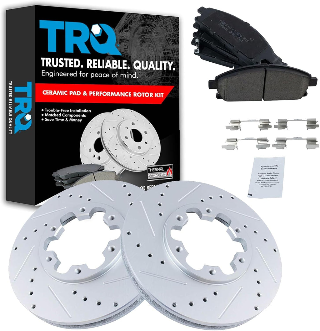 TRQ Performance Front Brake Pad and Rotor Set Ceramic Drilled Slotted G Coated Vented Rotors Compatible with 1997 Infiniti QX4 1996-1998 Nissan Pathfinder