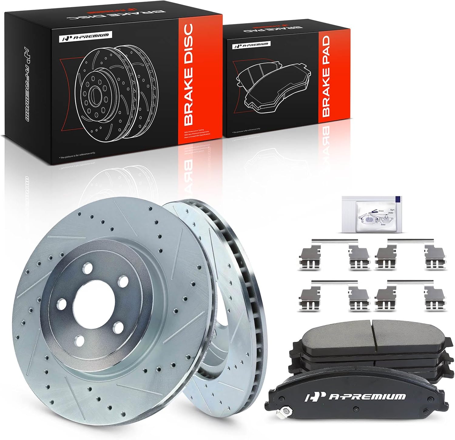 A-Premium 13.58 in (345 mm) Front Drilled and Slotted Disc Brake Rotors + Ceramic Pads Kit Compatible with Select Chrysler and Dodge Models - 300, Challenger, Charger, Magnum, 6-PC Set