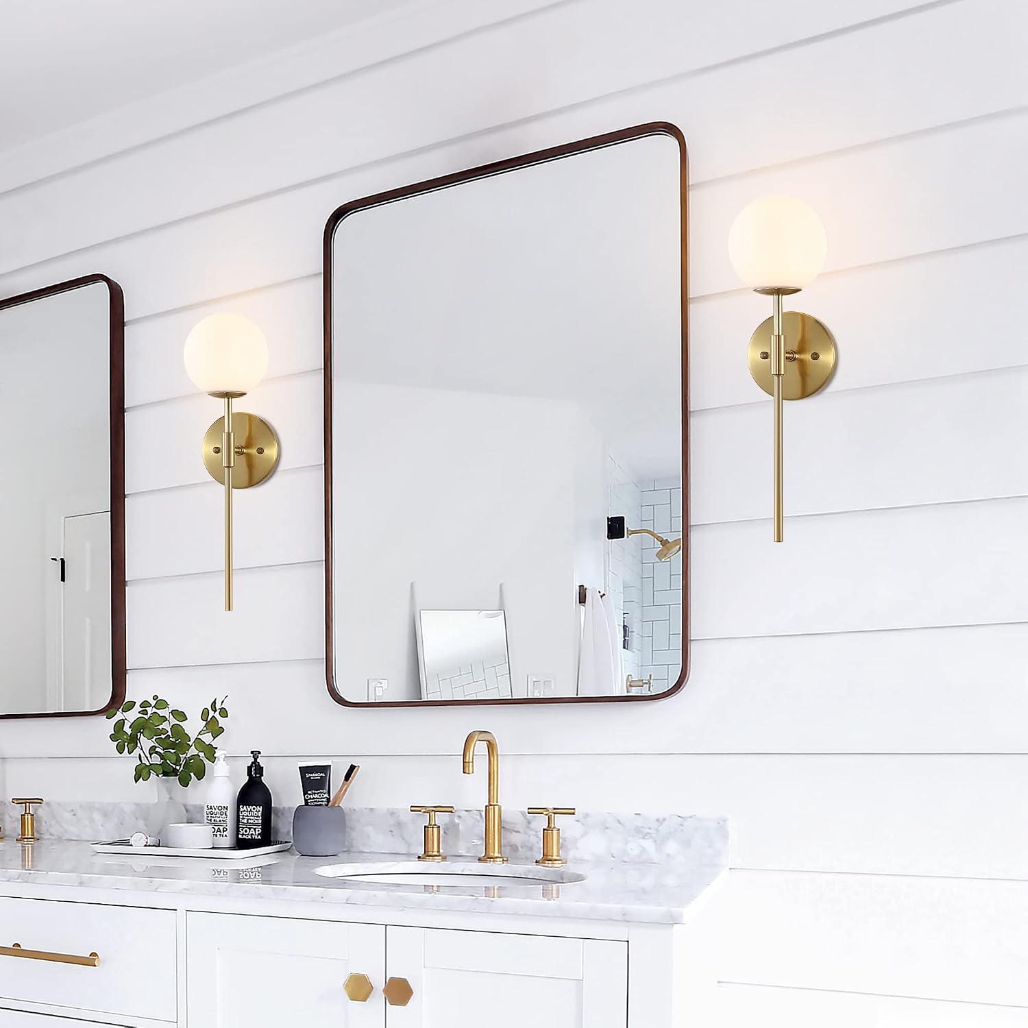 BYOLIIMA Gold Wall Sconce Set of 2 with White Globe Glass Shades Modern Mid Century Bathroom Vanity Wall Light Fixtures Industrial Brushed Brass Wall Lamp for Bedroom Mirror Living Room Restaurant