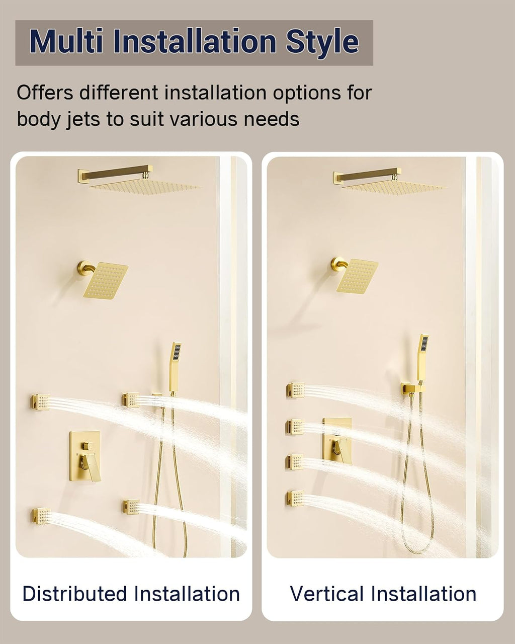 Dual Rainfall Shower Head System with 4 Body Jets, JetsBath Shower Faucet Set Double Shower Head 6-Inch Shower Head & 12' Rain Shower, Luxury Brushed Gold Shower Faucet Set,Wall-Mounted Shower System