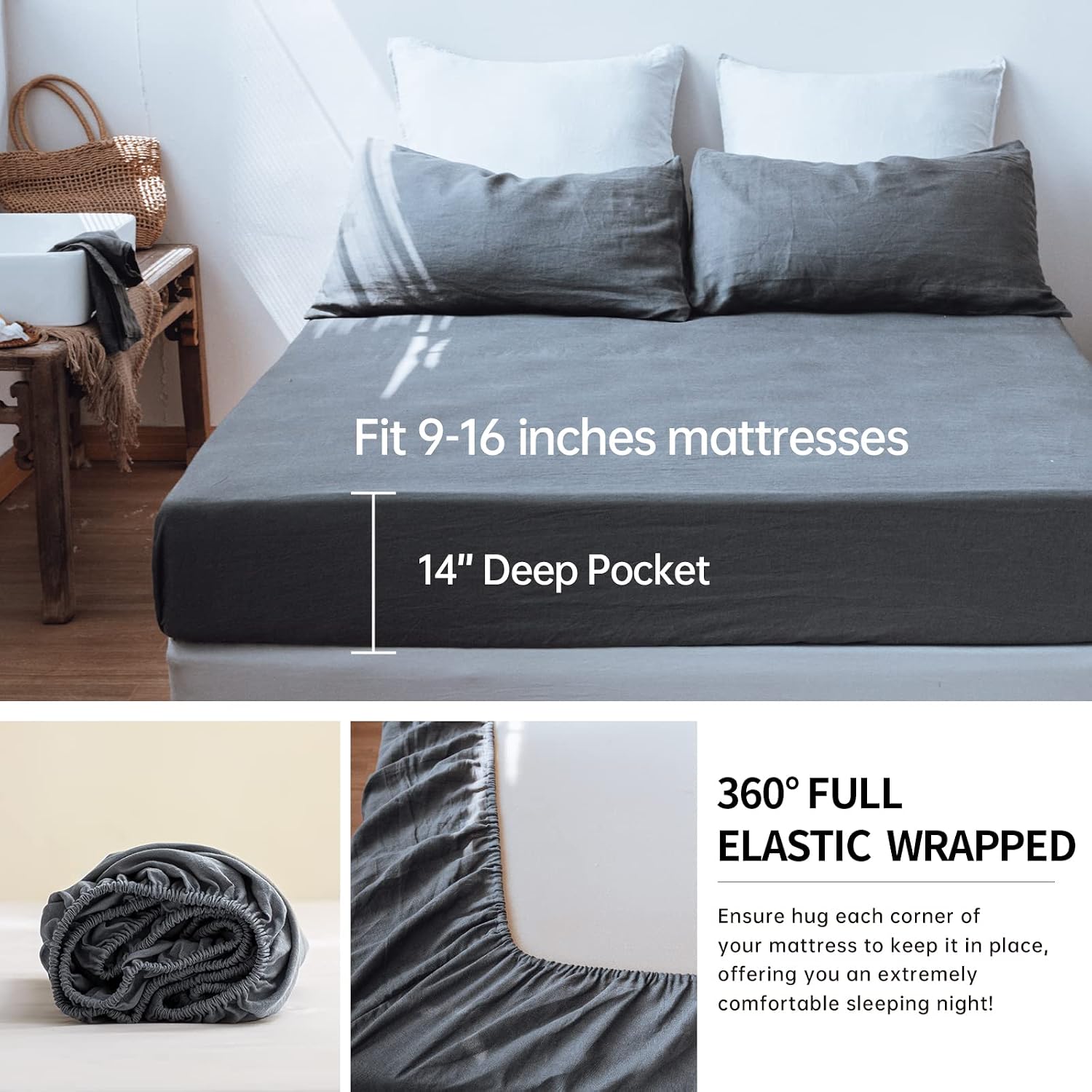 Simple&Opulence 100% Linen Sheet Set 3pcs Basic Style, Deep Pocket, Natural French Washed Flax Solid Color Soft Breathable Bed Sheets - Dark Grey, Twin