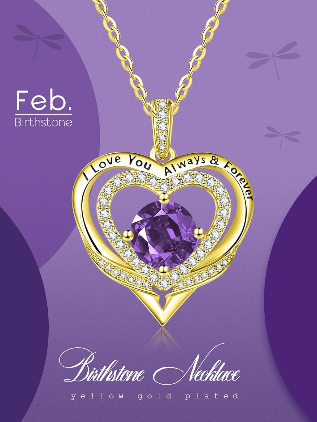 14K Gold Heart Necklaces for Women with Birthstone Pendant ，Double Hearts Necklace Jewelry Gift for Girlfriend Mom Anniversary Birthday Adjustable Chain 18' + 2' 'I Love You Always & Forever