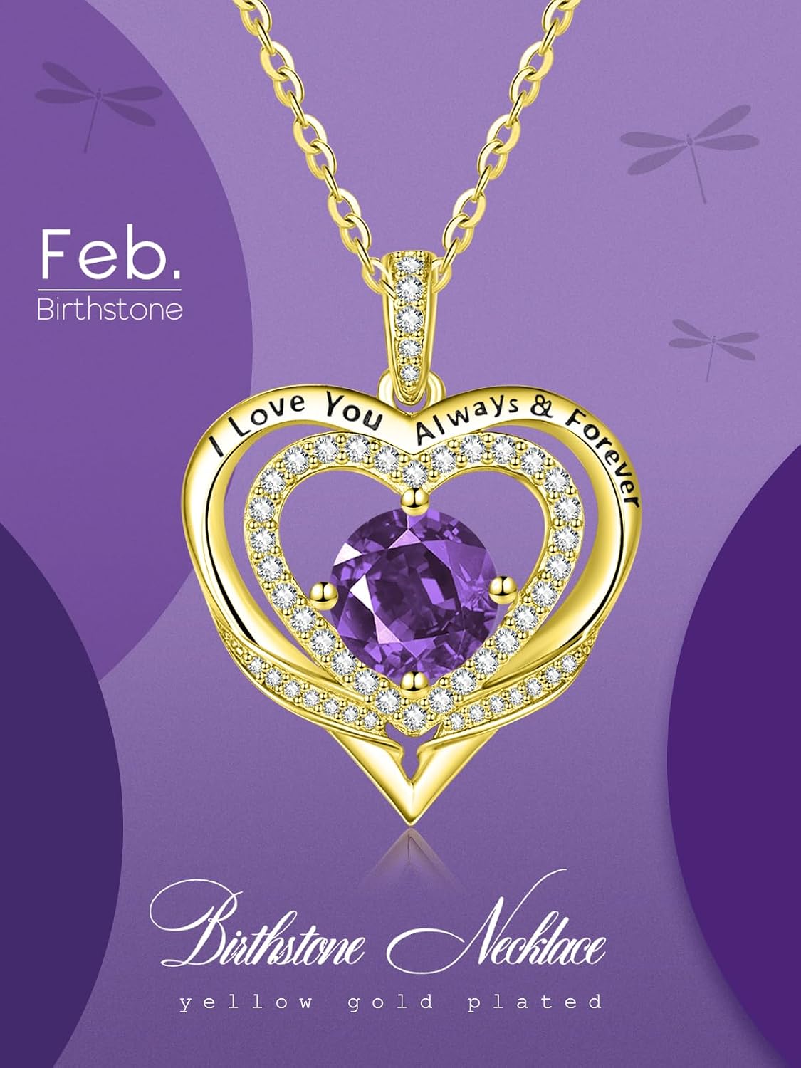 14K Gold Heart Necklaces for Women with Birthstone Pendant ，Double Hearts Necklace Jewelry Gift for Girlfriend Mom Anniversary Birthday Adjustable Chain 18' + 2' 'I Love You Always & Forever