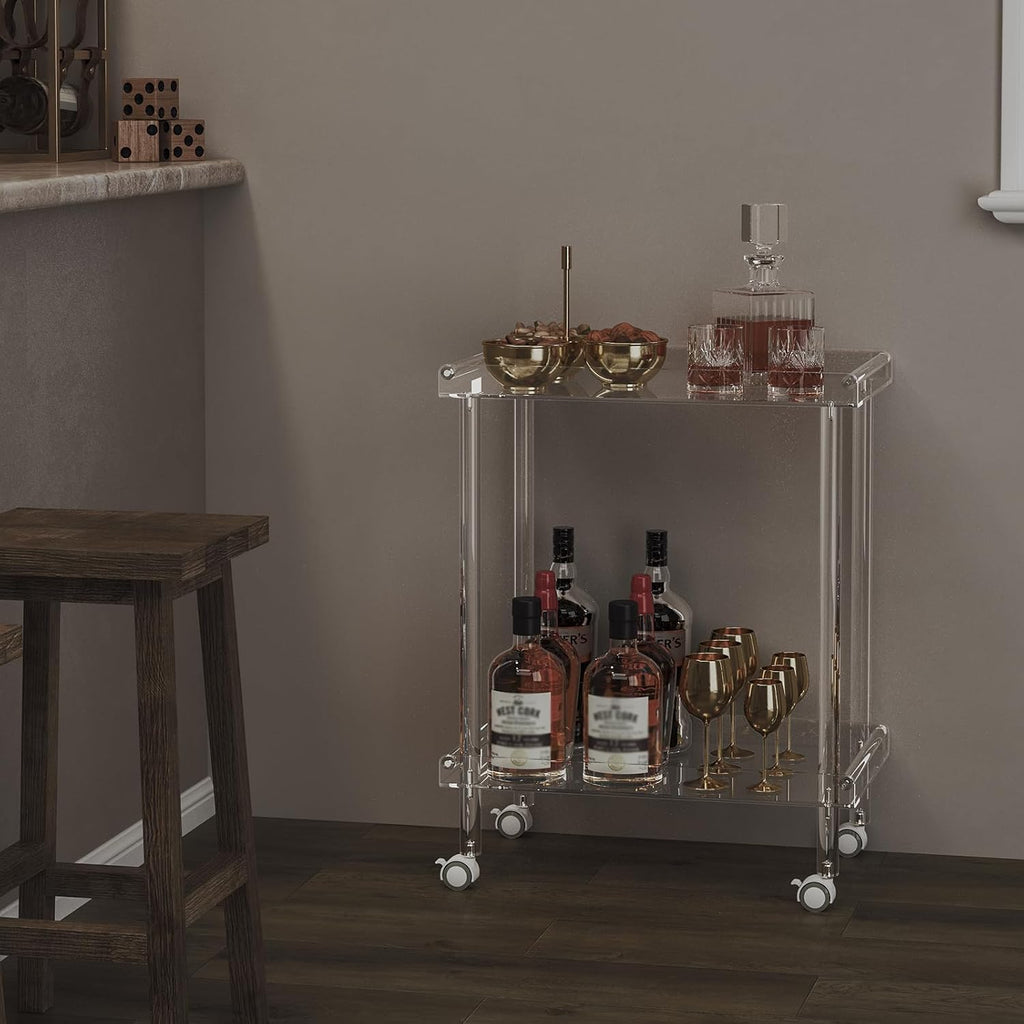 HMYHUM Acrylic Bar Cart, Rolling Serving Cart with 4 Lockable Wheels for the Home Bar, Kitchen, Living Room, Modern, 2-Tier, 23.6' L x 15' W x 30' H, Clear