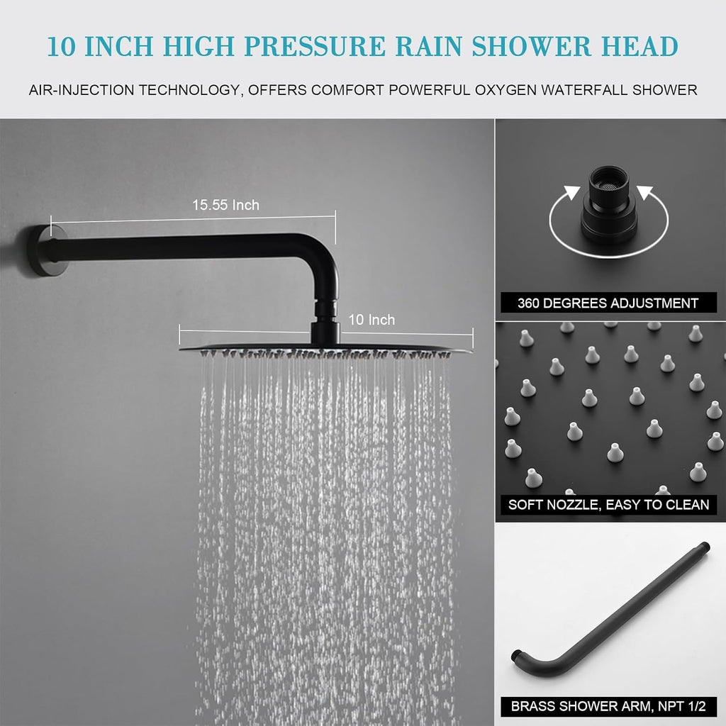 Matte Black Shower Faucet Set, Rainfall Shower System with 10 Inches Rain Shower Head and Handheld The Wall Mounted Shower Fixtures with Brass Valve for Bathroom