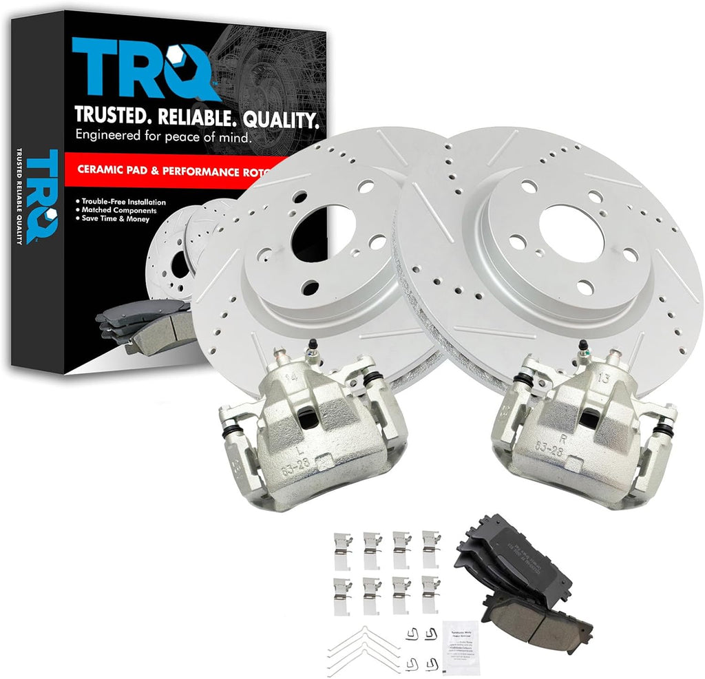 TRQ Performance Front Brake Pad and Rotor Set Ceramic G Coated Vented Rotors Calipers Compatible with 2012-2018 Toyota Avalon Camry 2016-2018 Lexus ES350