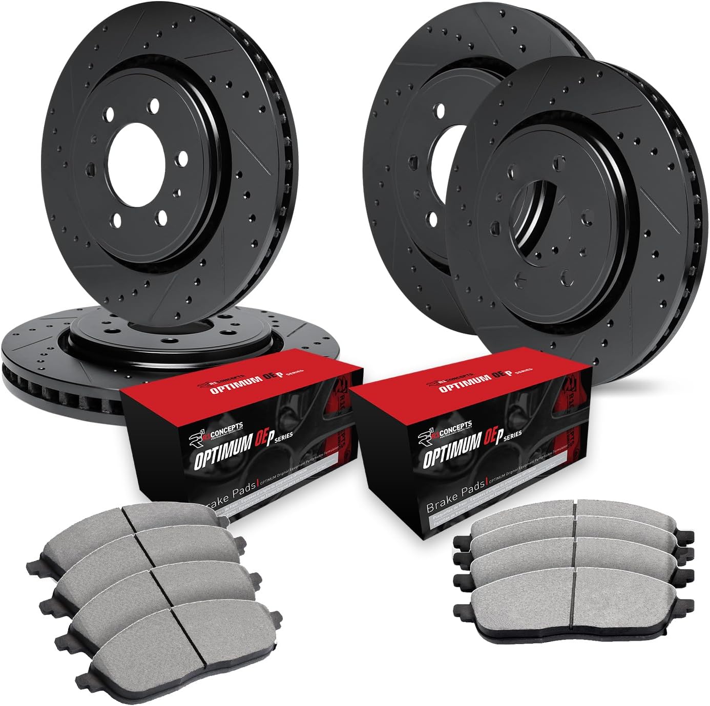 R1 Concepts Front and Rear Brake Kit Fits 2015-2020 Cadillac Escalade, Chevrolet Suburban, Chevrolet Tahoe| Optimum Oep Brake Pads and Drilled Slotted Brake Rotors| 13.0' Front & 13.6' Rear