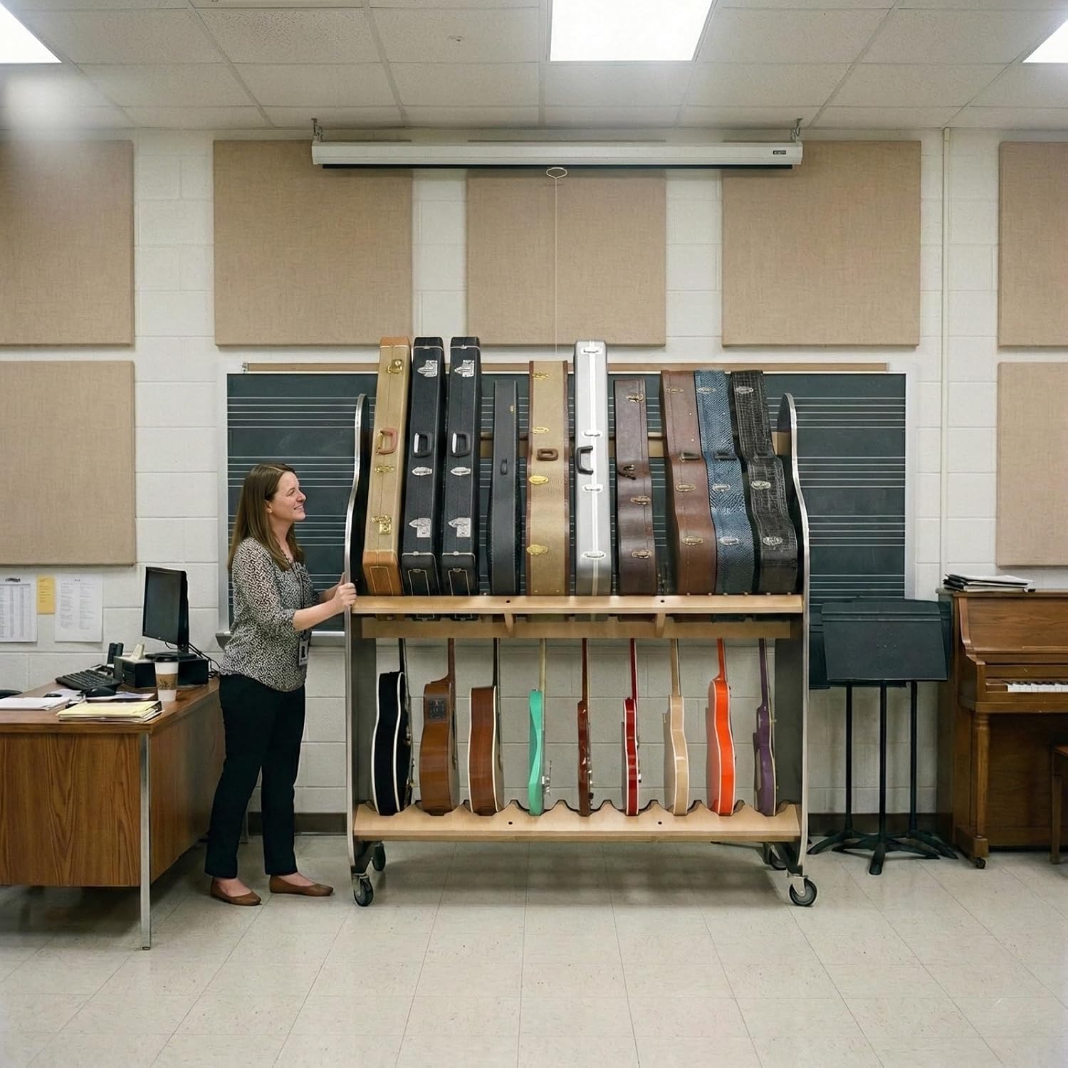 A&S Crafted Products Double-Stack Combo Guitar & Case Rack - The Session-Pro | Mobile 2-Tier Stand | Made in U.S.A.