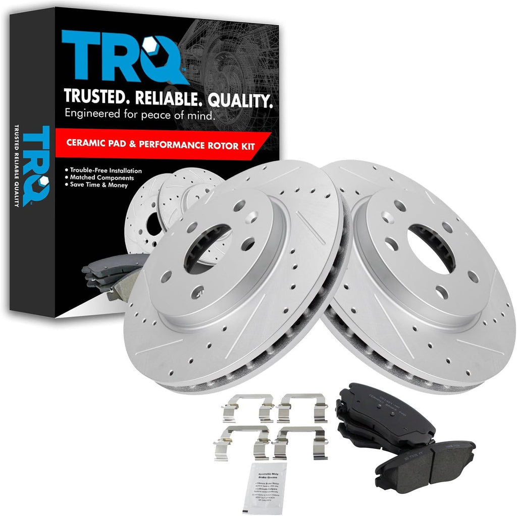 TRQ Performance Front Brake Pad and Rotor Set Ceramic Drilled Slotted Coated Rotors Compatible with 2012-2016 Buick LaCrosse 2011-2017 Regal 2013-2015 Chevrolet Malibu 2016 Malibu Limited