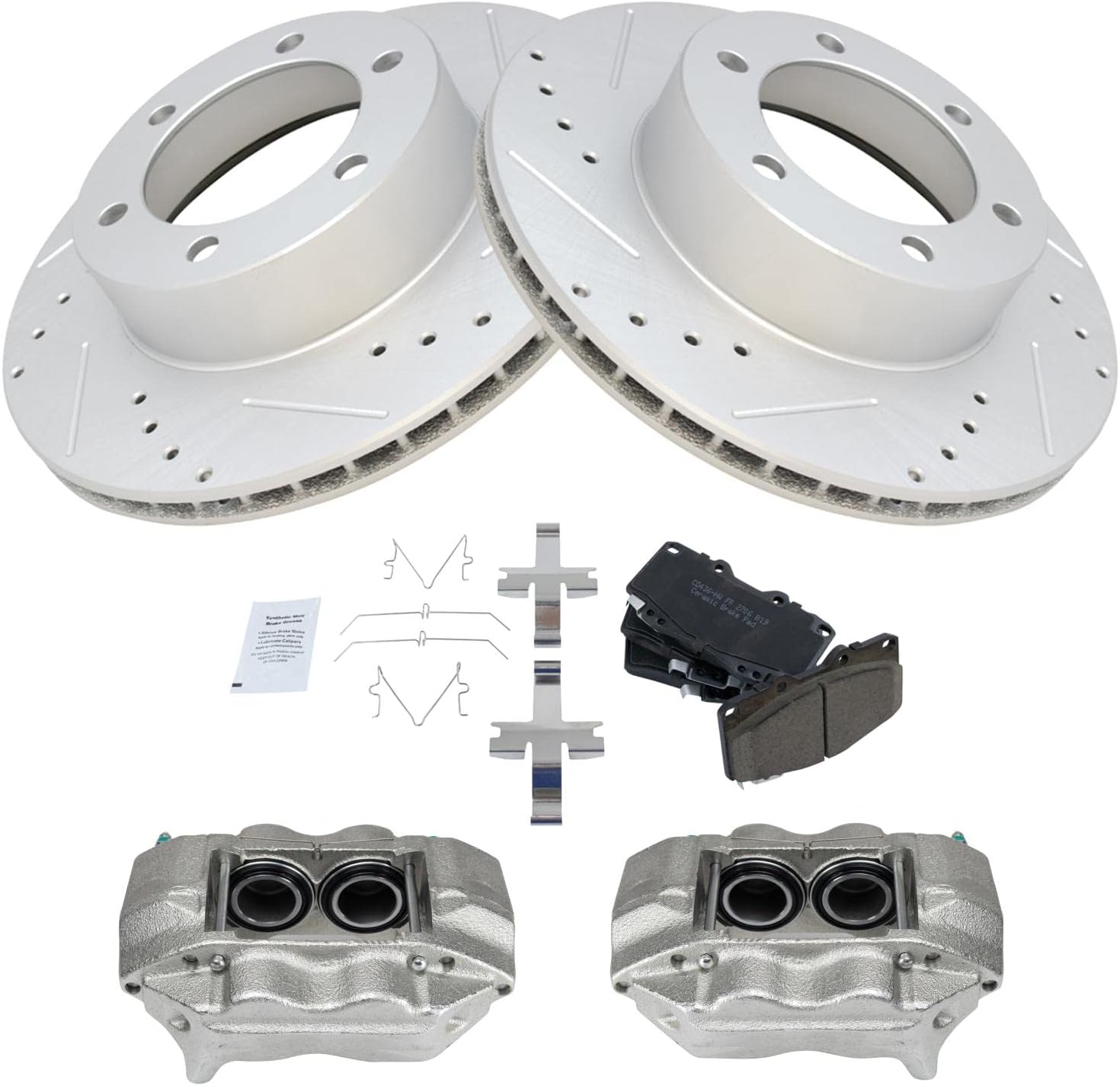 TRQ Performance Front Brake Pad and Rotor Set Ceramic Vented Coated Drilled Slotted Rotors Calipers Compatible with 2001-2002 Toyota 4Runner