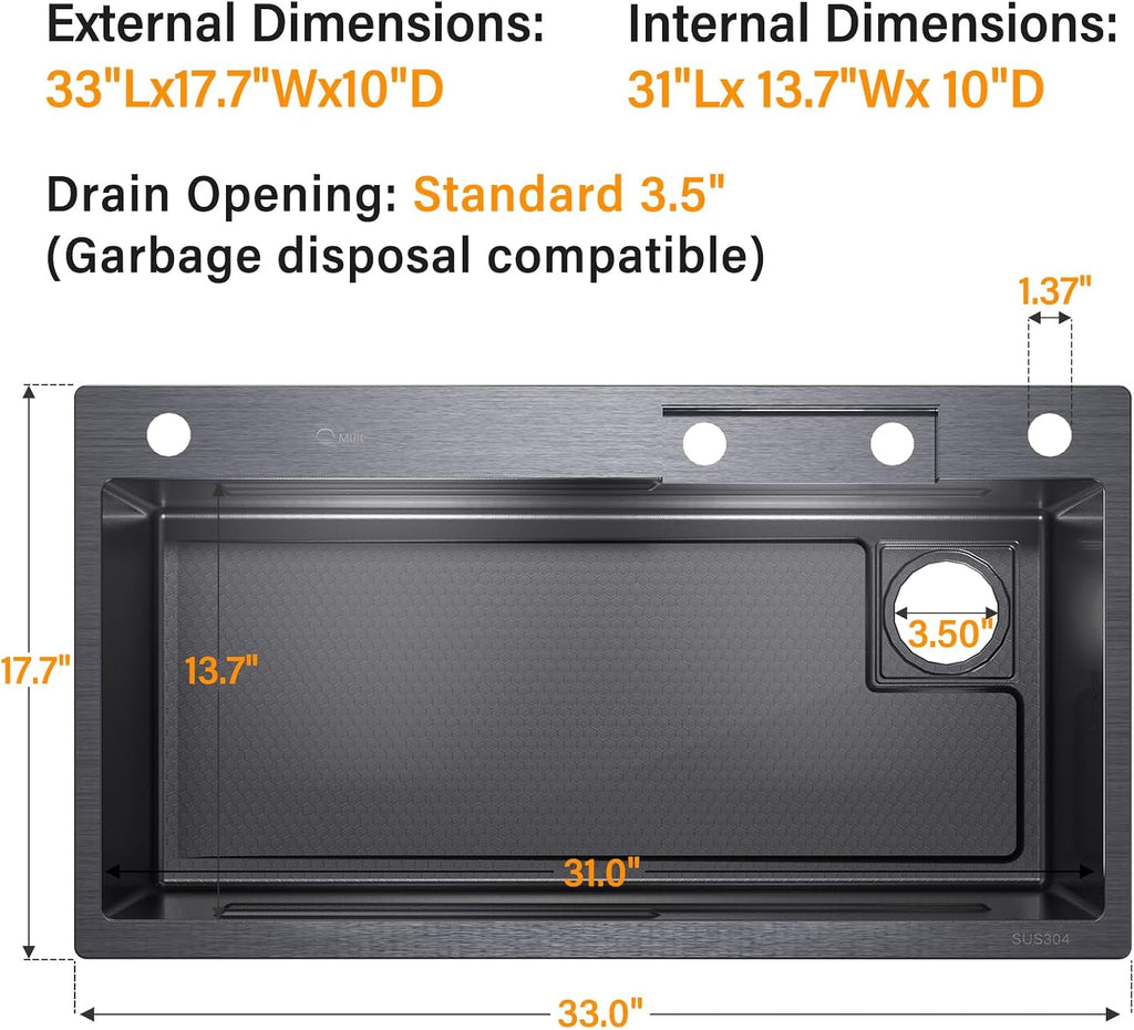 33x17.7' Drop In Kitchen Sink with Faucet, 10' Basin Depth Undermount Kitchen Sinks, Stainless Steel Sink with Cup Washer, Drain Strainer, Cutting Board, Colander, Storage Basket & Roll-up Rack