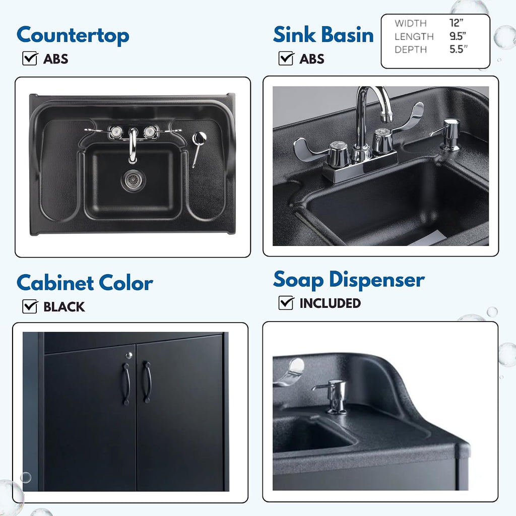 Ozark River Portable Sinks Premier Black & Fill-n-Roll Dolly Kit Bundle, Black Laminate-ABS, Portable Sink with Hot Water, Self-Contained Sink, Portable Hand Washing Station, 110V