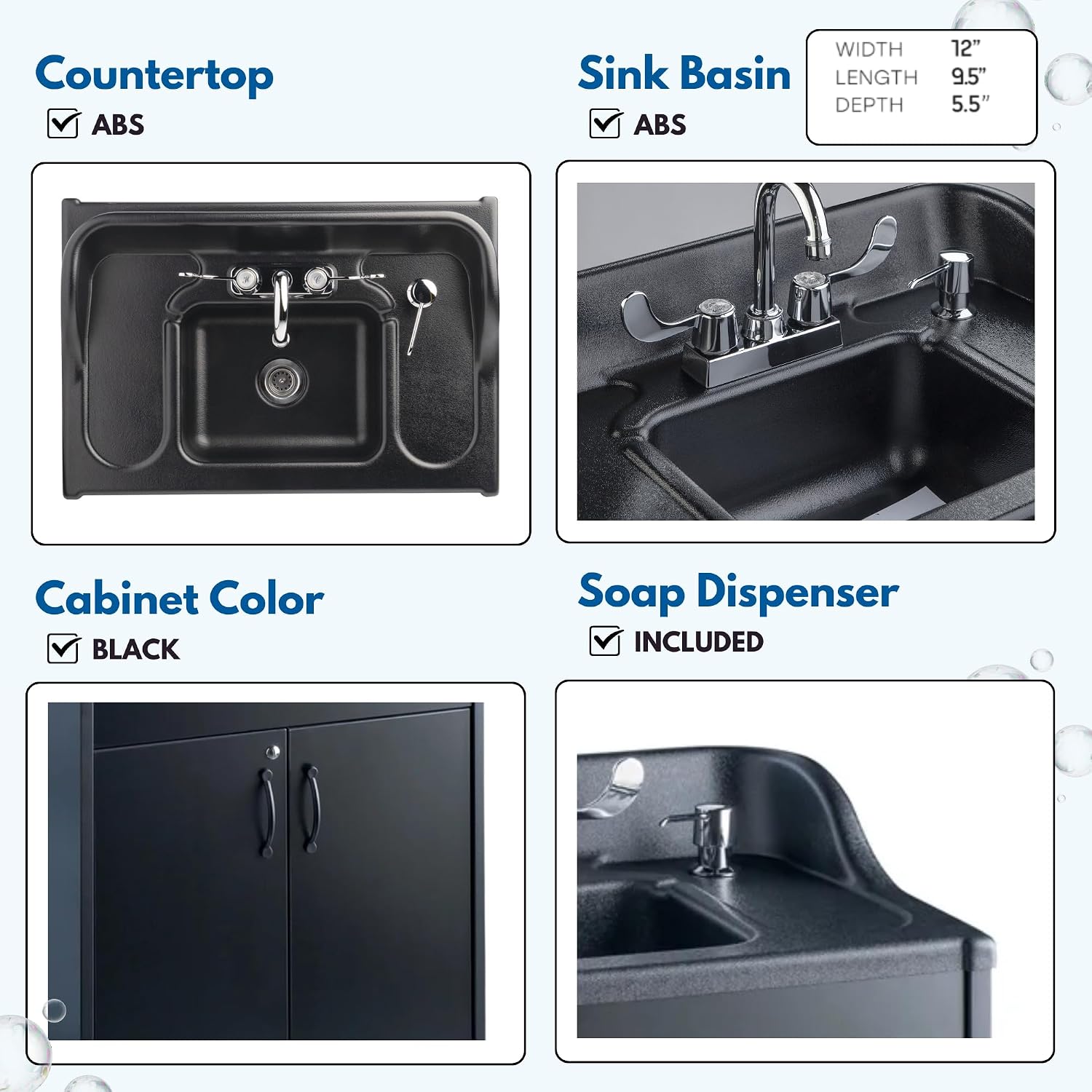 Ozark River Portable Sinks Premier Black & Fill-n-Roll Dolly Kit Bundle, Black Laminate-ABS, Portable Sink with Hot Water, Self-Contained Sink, Portable Hand Washing Station, 110V