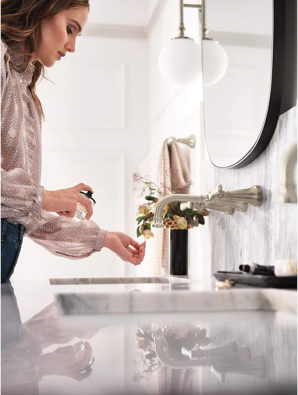 Moen TS44104BL Colinet Traditional Lever Handle Wall Mount Bathroom Faucet Trim, Valve Required, Matte Black