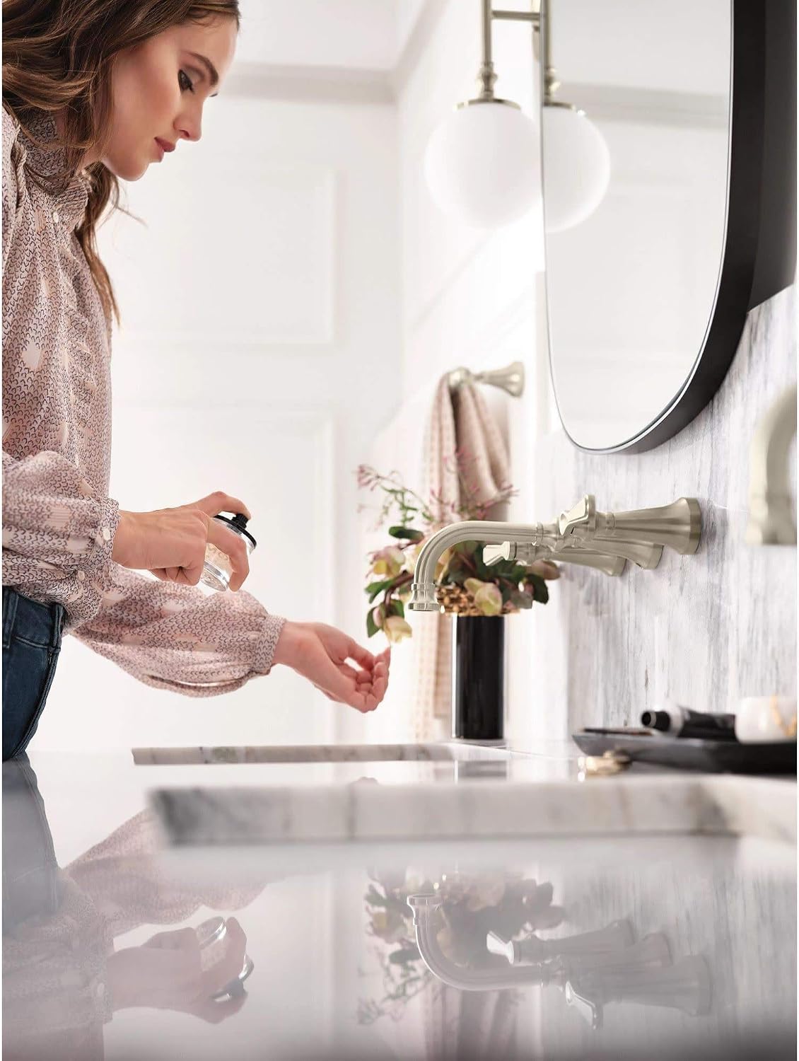 Moen TS44104BL Colinet Traditional Lever Handle Wall Mount Bathroom Faucet Trim, Valve Required, Matte Black