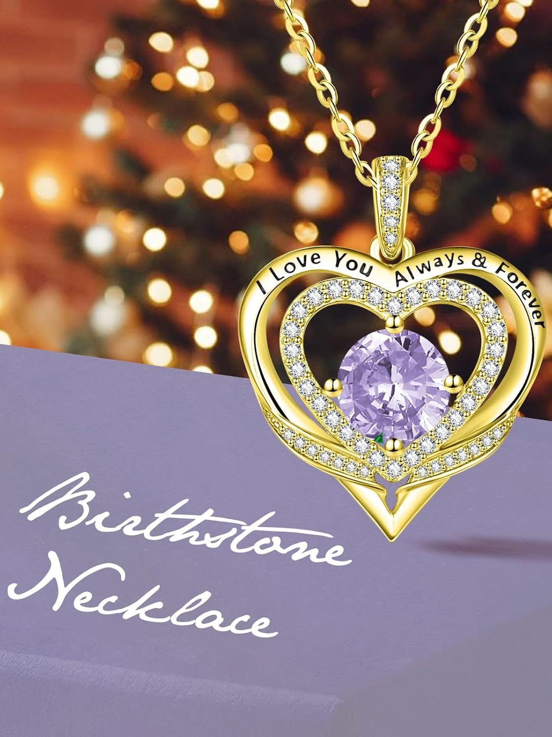14K Gold Heart Necklaces for Women with Birthstone Pendant ，Double Hearts Necklace Jewelry Gift for Girlfriend Mom Anniversary Birthday Adjustable Chain 18' + 2' 'I Love You Always & Forever