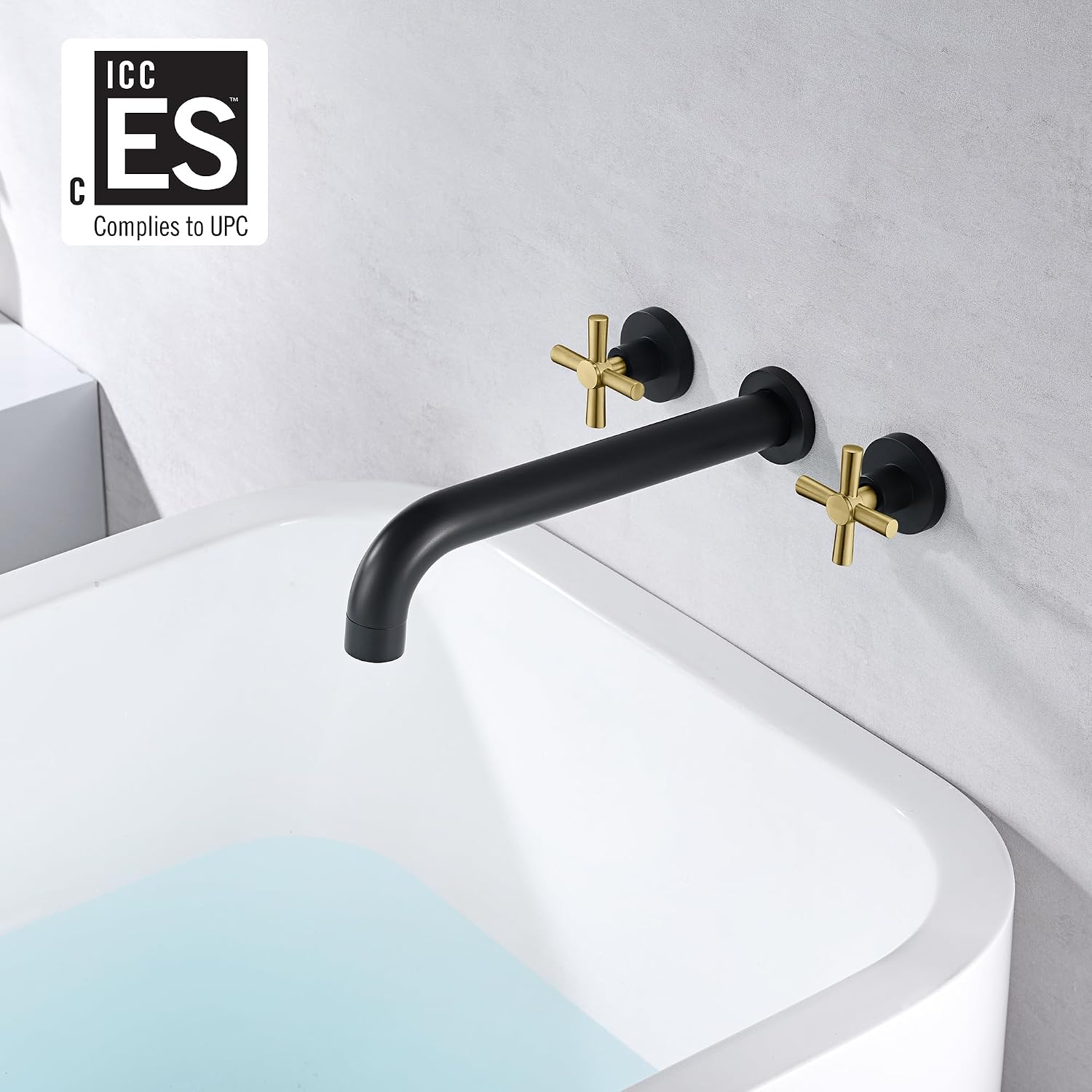 SUMERAIN Wall Mount Tub Faucet with 2 Cross Handles Black and Gold, Long Spout Reach High Flow