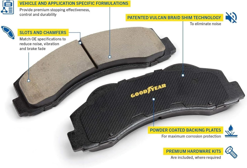 Goodyear | Premium Rear Rotors (2) and Brake Pads (4) for Chrysler 300 (2005-2020); Dodge Challenger (2009-2020); Charger (2006-2020); Magnum (2005-2008).