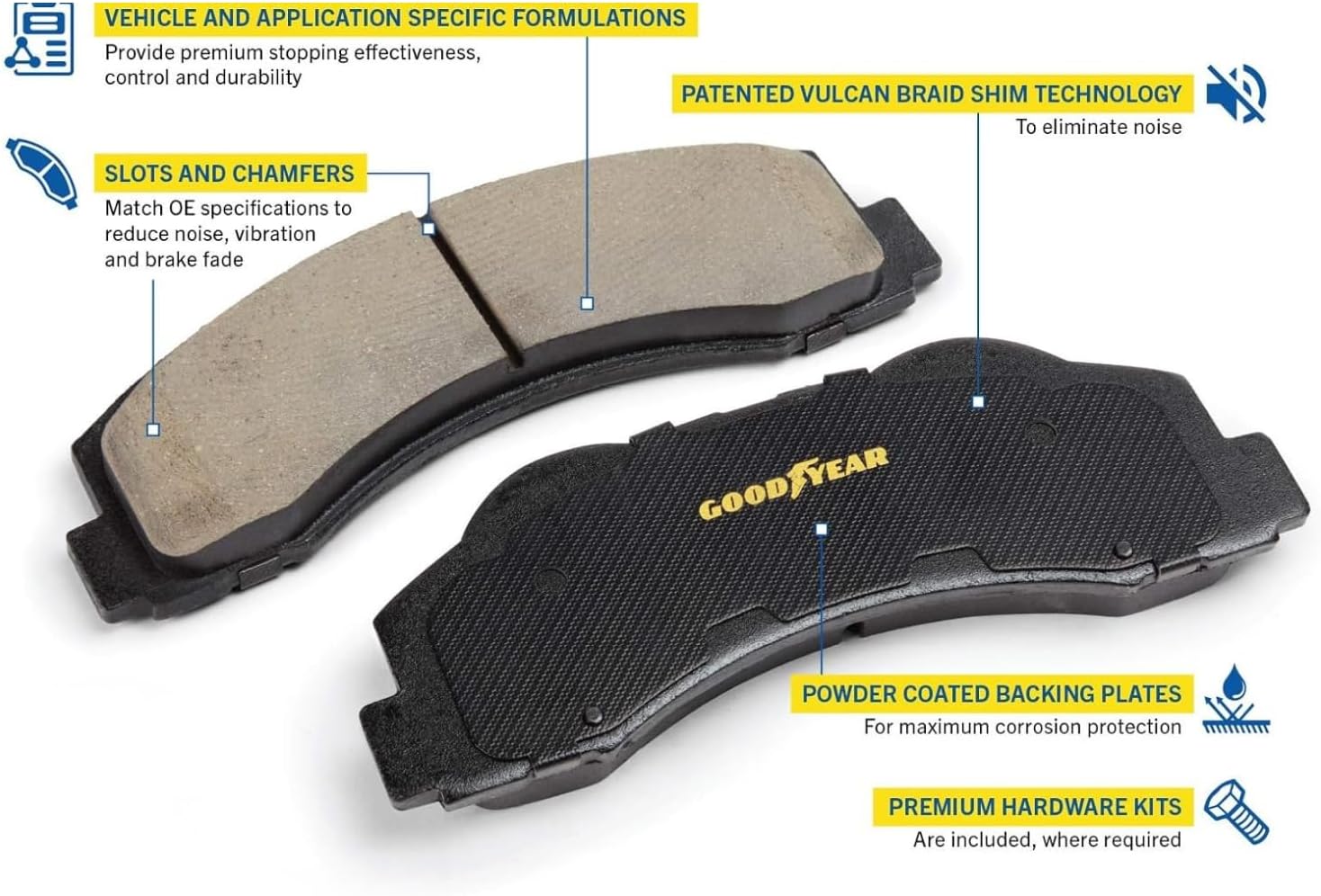 Goodyear | Premium Rear Rotors (2) and Brake Pads (4) for Chrysler 300 (2005-2020); Dodge Challenger (2009-2020); Charger (2006-2020); Magnum (2005-2008).
