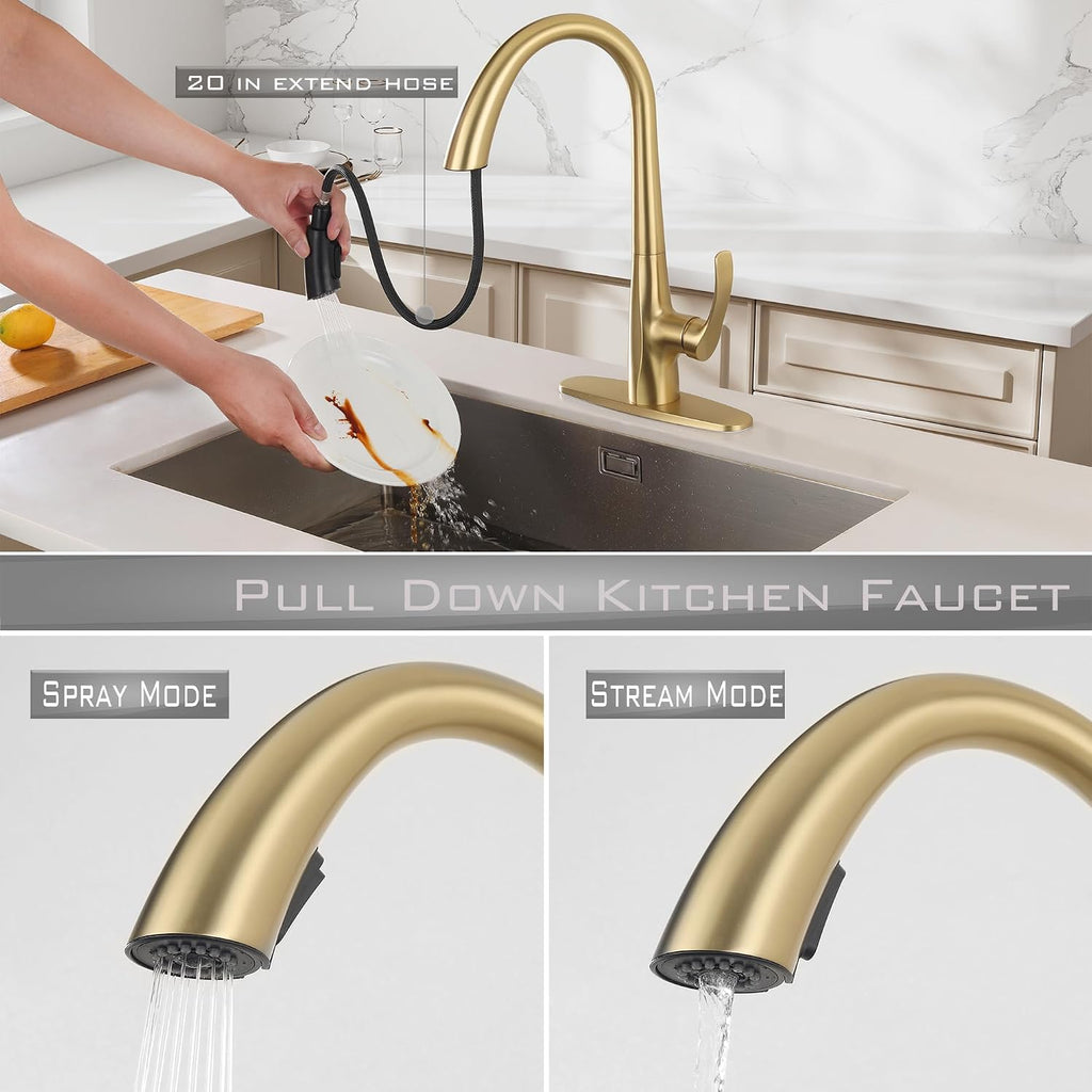 Touchless Kitchen Faucet with Pull Down Sprayer, Brushed Gold Motion Sensor Kitchen Faucet, Stainless Steel Hands Free Faucet for Kitchen Sink 1 or 3 Hole