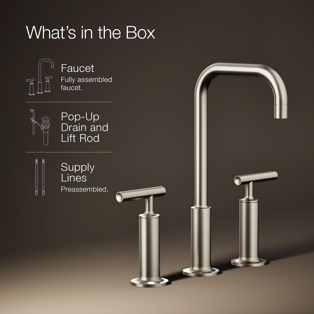KOHLER K-14408-4-BN Purist® Widespread Bathroom Sink Faucet, 3-Hole, Widespread High Lever Handles and High Gooseneck Spout, 1.2 GPM, Vibrant Brushed Nickel