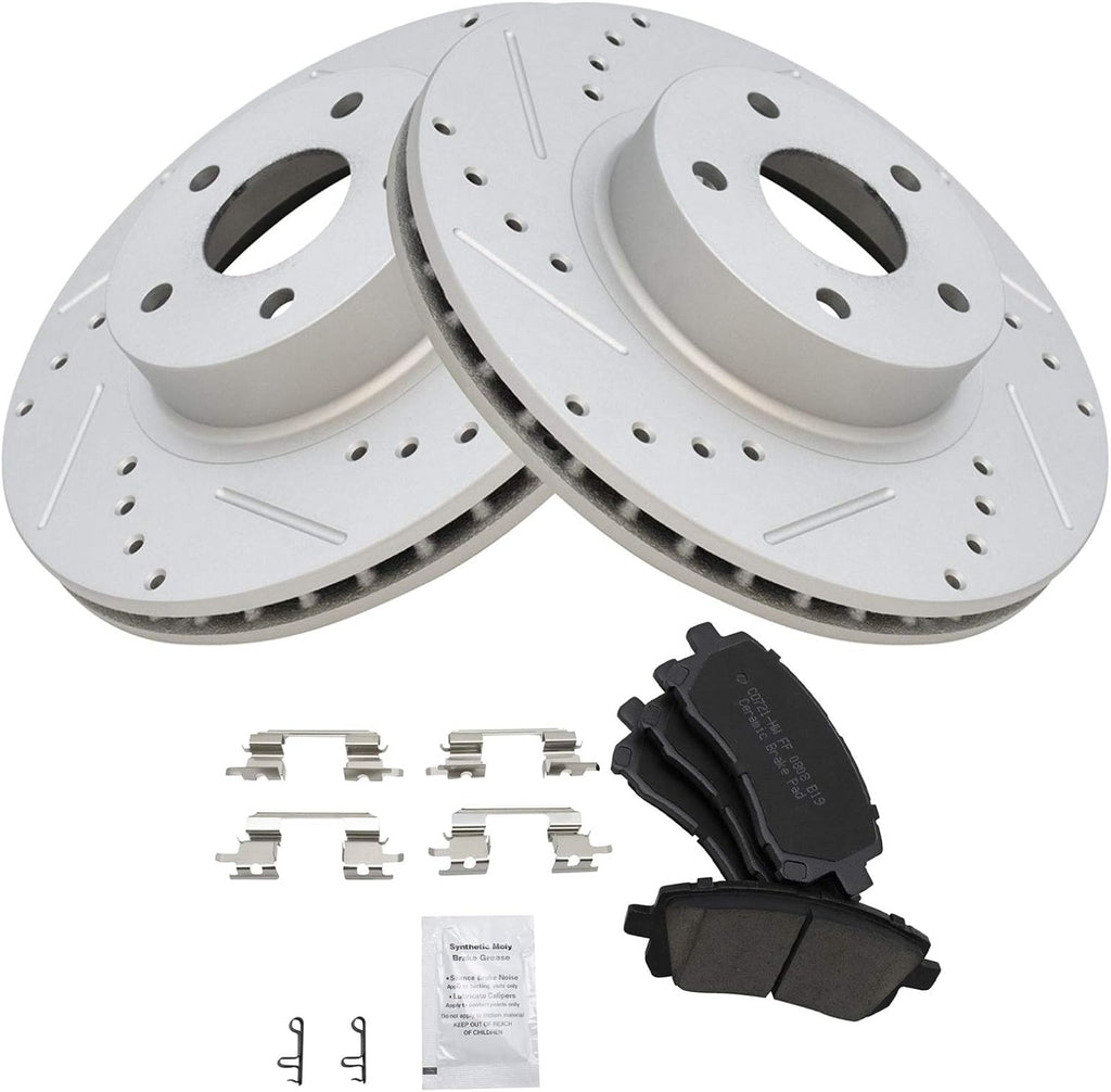 TRQ Performance Front Brake Pad and Rotor Set Ceramic Coated Drilled Slotted Vented Rotors Compatible with 1998-2002 Subaru Forester 1998-2001 Impreza 1997-2002 Legacy 2000 Outback