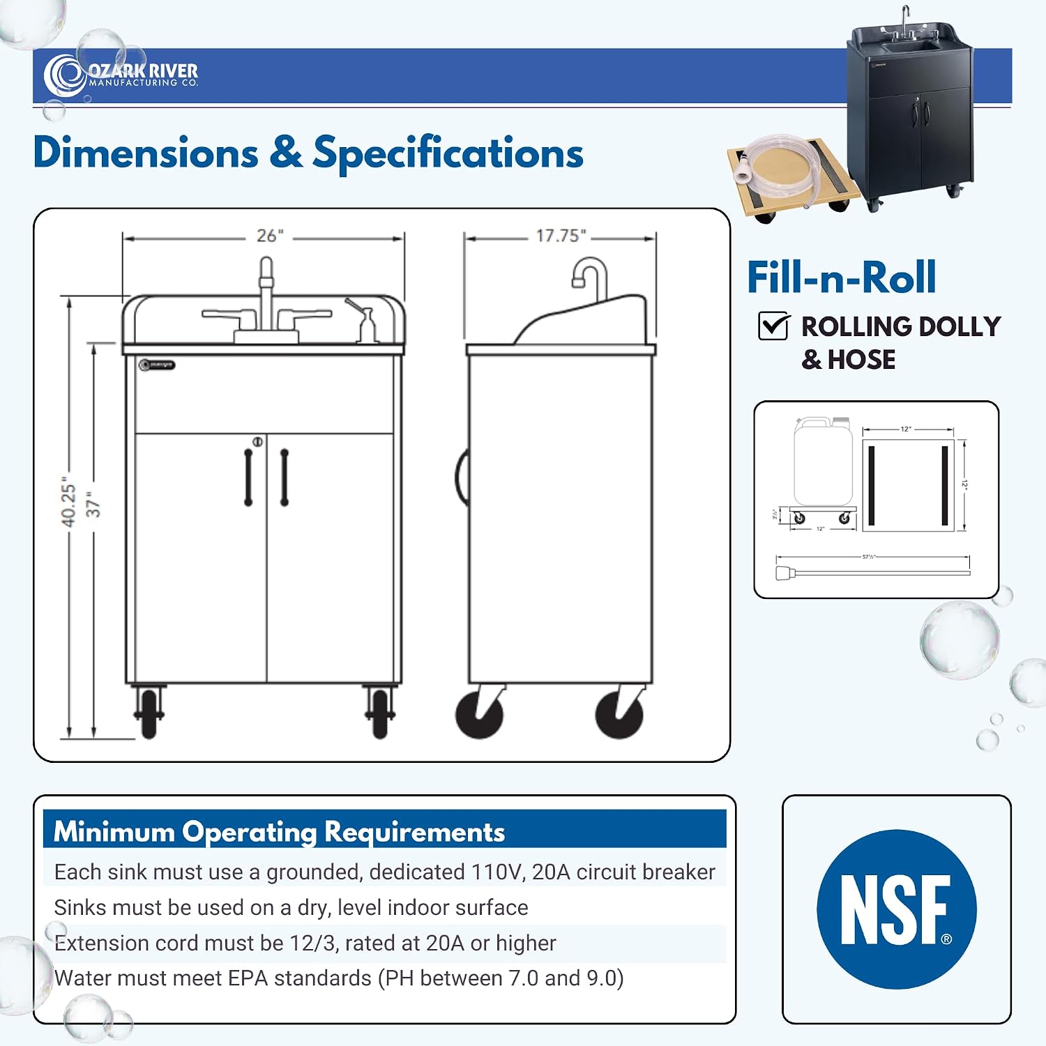 Ozark River Portable Sinks Premier Black & Fill-n-Roll Dolly Kit Bundle, Black Laminate-ABS, Portable Sink with Hot Water, Self-Contained Sink, Portable Hand Washing Station, 110V