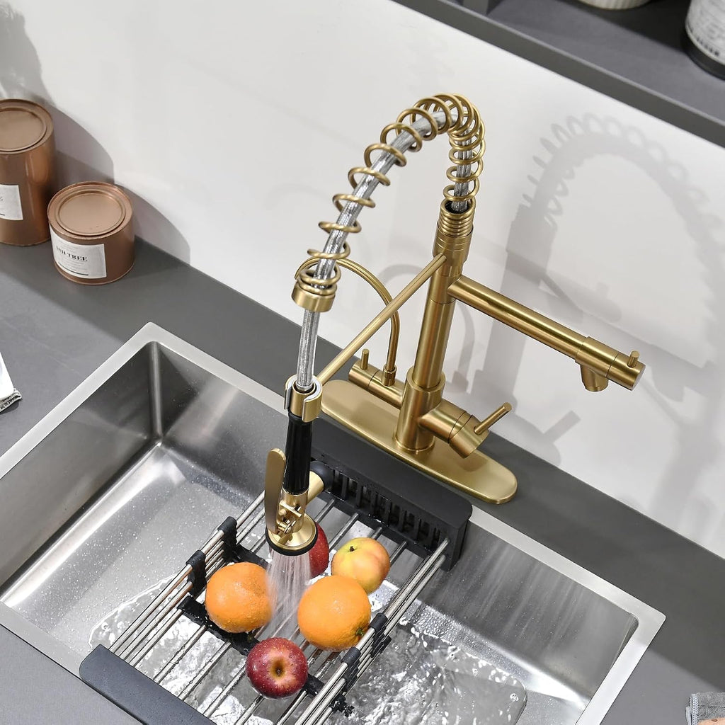 Fapully Brushed Gold Commercial Kitchen Faucet with Pull Down Sprayer and Water Filter,3 in 1 Kitchen Faucets with Drinking Water Faucet