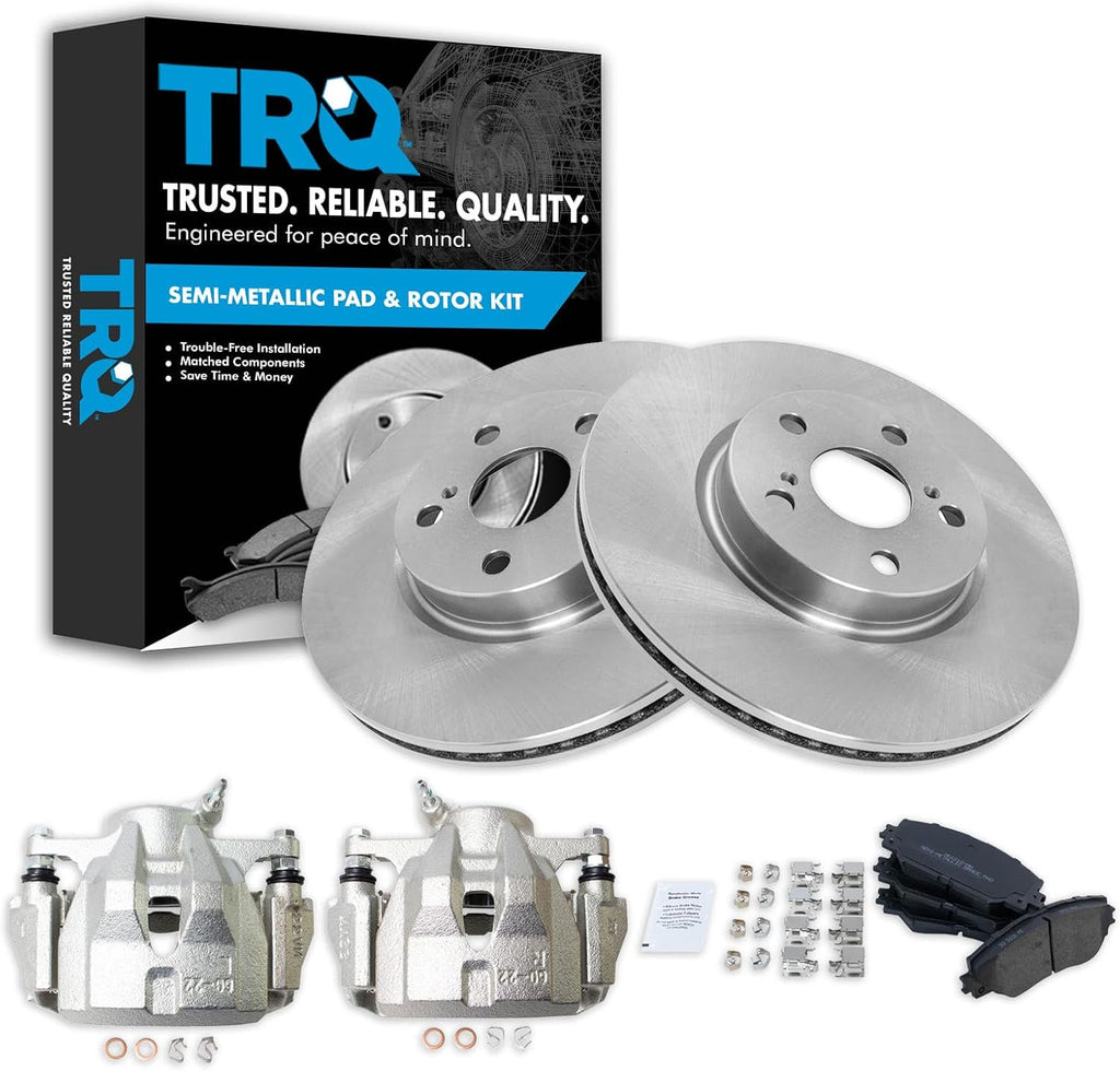 TRQ Front Brake Pad and Rotor Set Semi Metallic Vented Rotors Calipers Compatible with 2009-2010 Pontiac Vibe 2008-2014 Scion xD 2009-2018 Toyota Corolla 2009-2013 Matrix