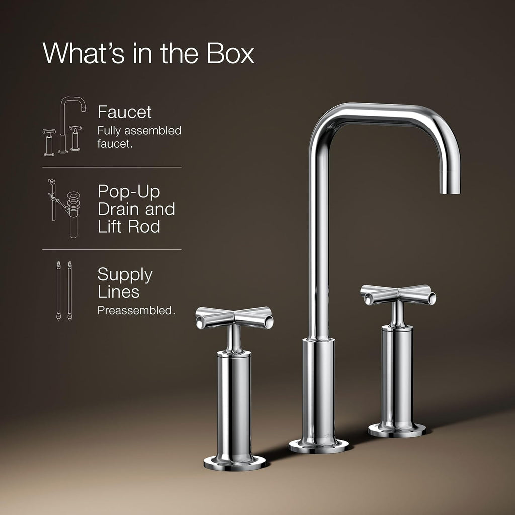 KOHLER K-14408-3-CP Purist® Widespread Bathroom Sink Faucet, 3-Hole, Widespread High Cross Handles and High Gooseneck Spout, 1.2 GPM, Polished Chrome