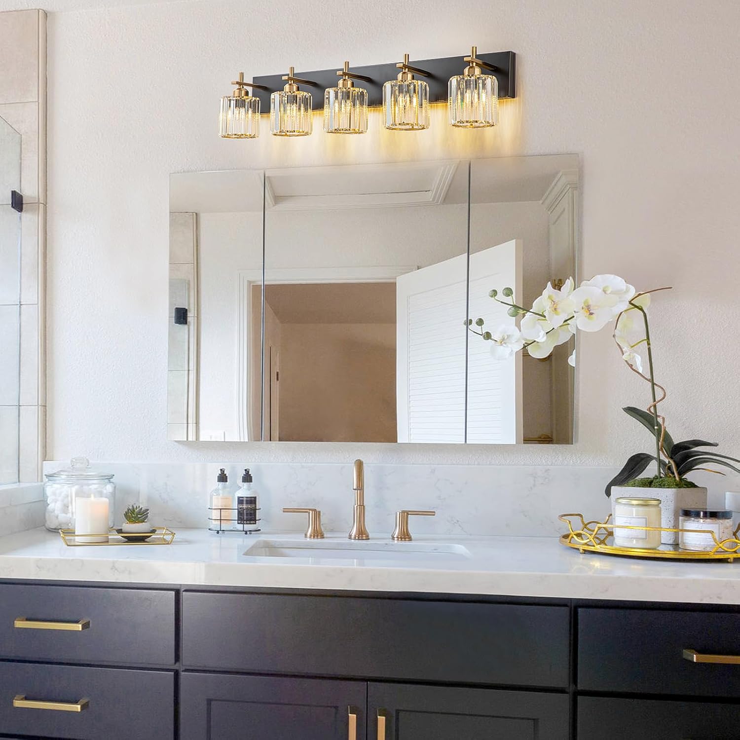 Modern Crystal Bathroom Vanity Lights, Black Gold 5-Lights Bathroom Light Fixtures Over Mirror, Crystal Wall Lighting with Polished Gold Finish(Exclude Bulb)