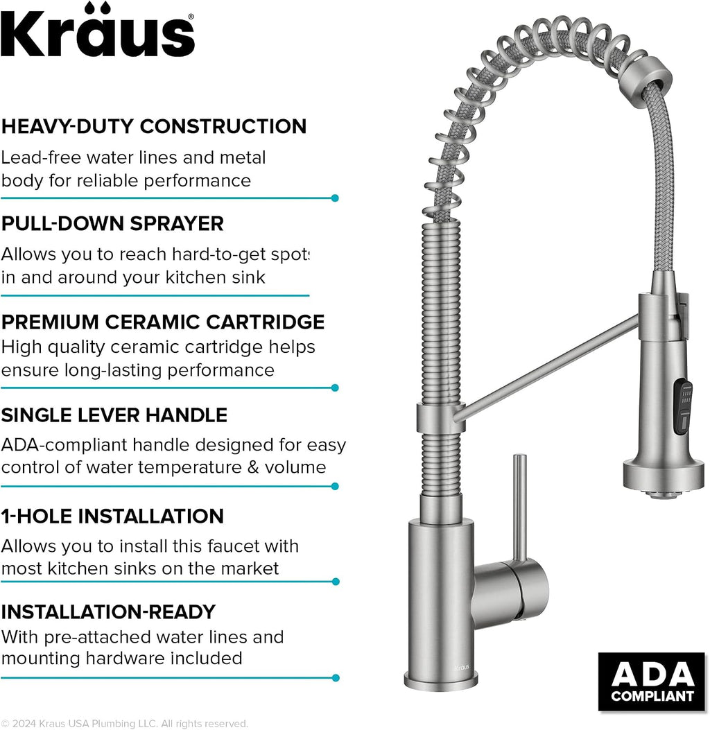 KRAUS Bolden Commercial Style 2-Function Single Handle Pull Down Kitchen Faucet in Spot-Free Stainless Steel, KPF-1610SFS