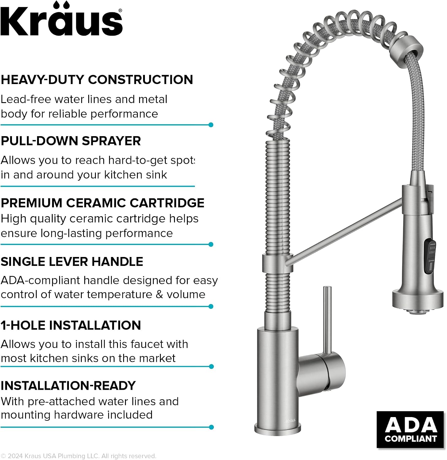 KRAUS Bolden Commercial Style 2-Function Single Handle Pull Down Kitchen Faucet in Spot-Free Stainless Steel, KPF-1610SFS