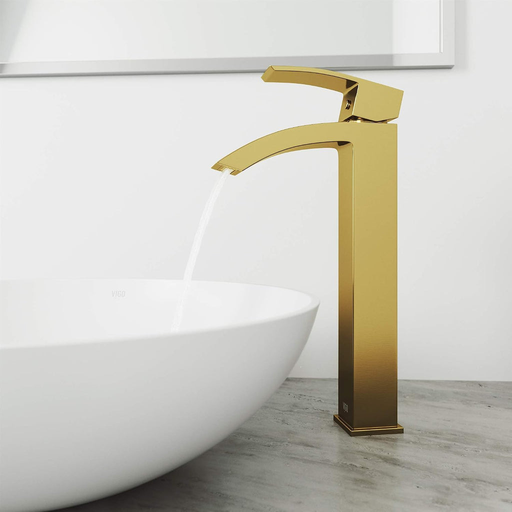 VIGO Duris Waterfall Single-Handle Single-Hole Mount Vessel Bathroom Sink Faucet, 12-Inch, Matte Brushed Gold, Modern Design, Solid Brass, 1.2 GPM WaterSense & Ceramic Disc Valve, Corrosion-Resistant
