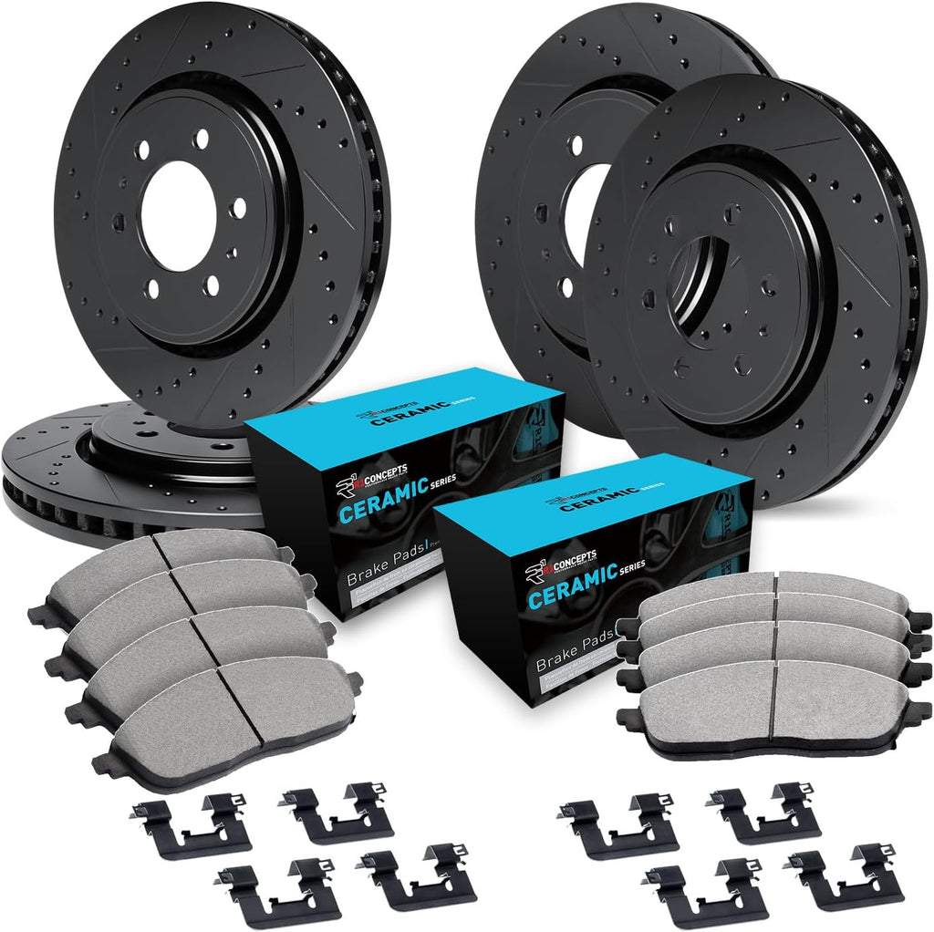 R1 Concepts Front and Rear Brake Kit Fits 2008-2017 Buick Enclave; 2009-2017 Chevrolet Traverse; 2007-2017 GMC Acadia| Ceramic Pads, Drilled Slotted Rotors| Hardware| 12.8' Front & 13.0' Rear