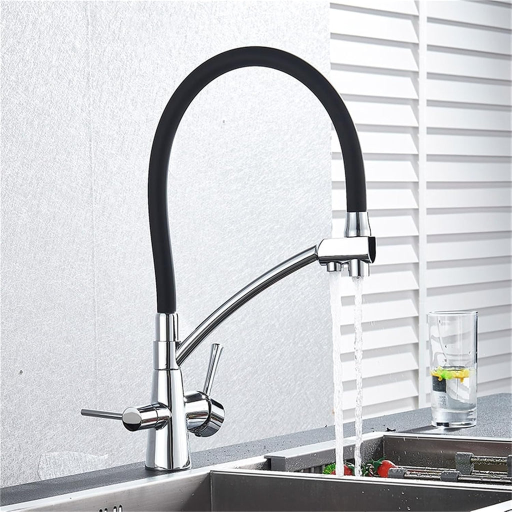 Filter Purification Flexible Rotated Kitchen Faucet Dual Spout Dual Handles Mixer Tap Hot and Cold Pure Water Mixer(Chrome Polish A)